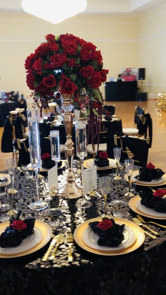 Red, black, white and gold [Video]  Black wedding decorations